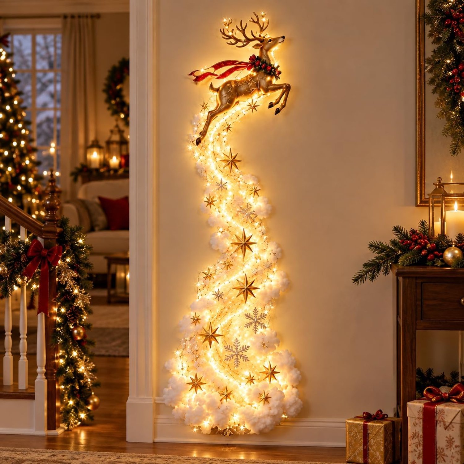 Kerstverlichting Rendier - Knutselpakket DIY Wandhanger - Sfeerlamp Warmwit voor Binnen - Compleet Craft Kit - Handgemaakt Cadeau - Kerstmis December Versiering - Sneeuwman, Kerstman, Reneren Lampen - Binnendeuren Wand Decoratie Lampen - 60cm