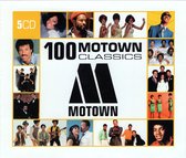 Cover van 100 Motown Classics 5-CD boxset met collages van iconische Motown-artiesten.