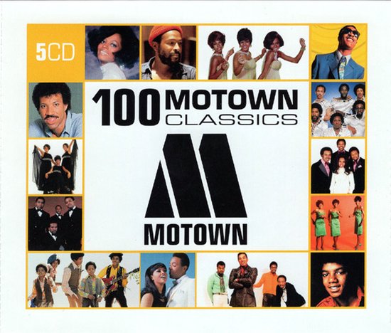 Cover van 100 Motown Classics 5-CD boxset met collages van iconische Motown-artiesten.