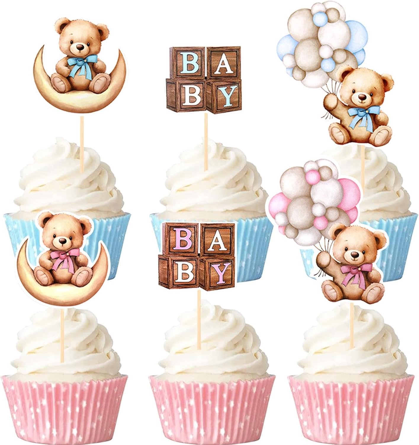 24 Stuks Gender Reveal Taartdecoratie, Jongen of Meisje Taartdecoratie, Cupcake Toppers Blauw Roze