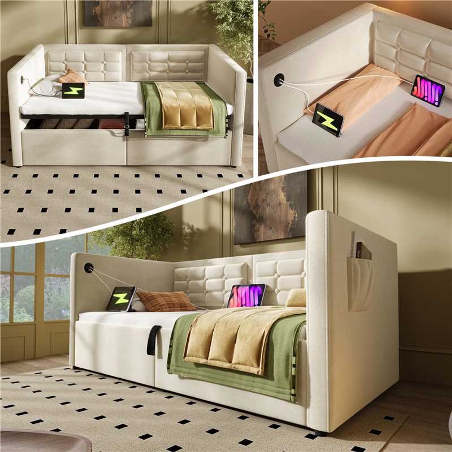 intebiki Gestoffeerde slaapbank 90x200 cm - eenpersoons slaapbank met hydraulische opbergruimte en USB- & Type-C-laadstation - logeerbed met houten lattenbodem - beige - fluweel - zonder matras.