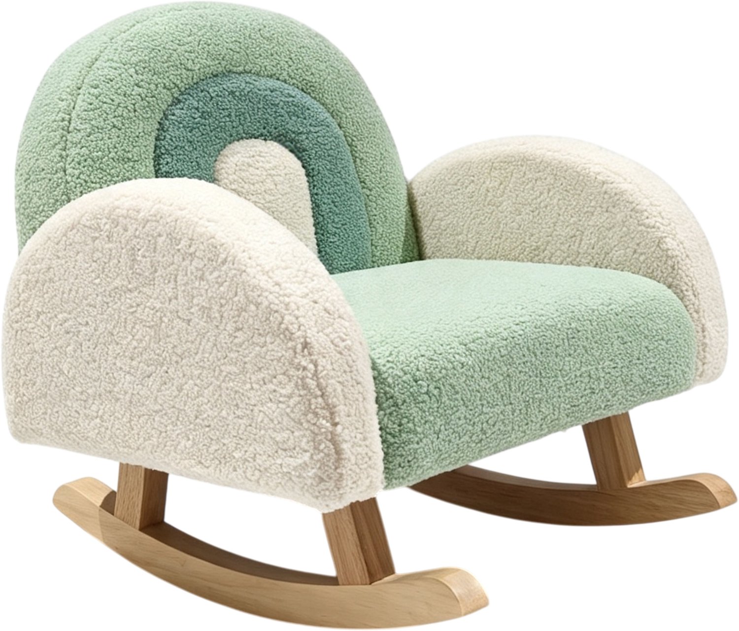 Sunny Filou Kinderschommelstoel Teddy Groen – 55 x 55 x 50 cm – Kinderstoel met Regenboogdesign – Kinderfauteuil met Schommelfunctie – Houten Frame – Max. 100 kg – Peuterstoeltje voor Binnen vanaf 3 jaar