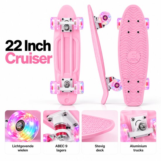 Verschillende aanzichten van een roze 22 inch cruiser skateboard met ABEC 9 lagers, aluminium trucks en LED-wielen.