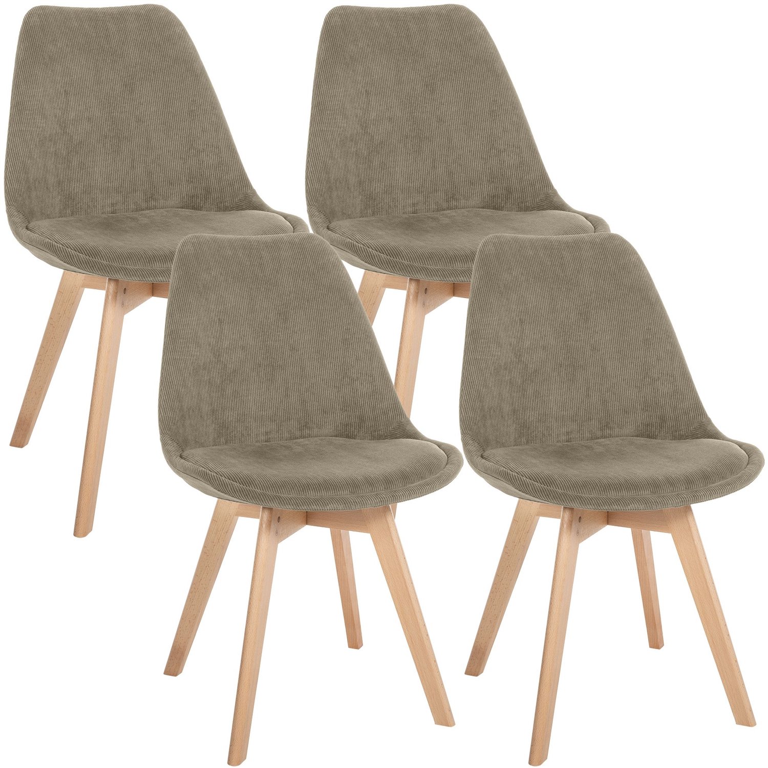 CLP Set van 4 Eetkamerstoelen Linares - met rugleuning - beukenhouten frame - Ribstof/taupe
