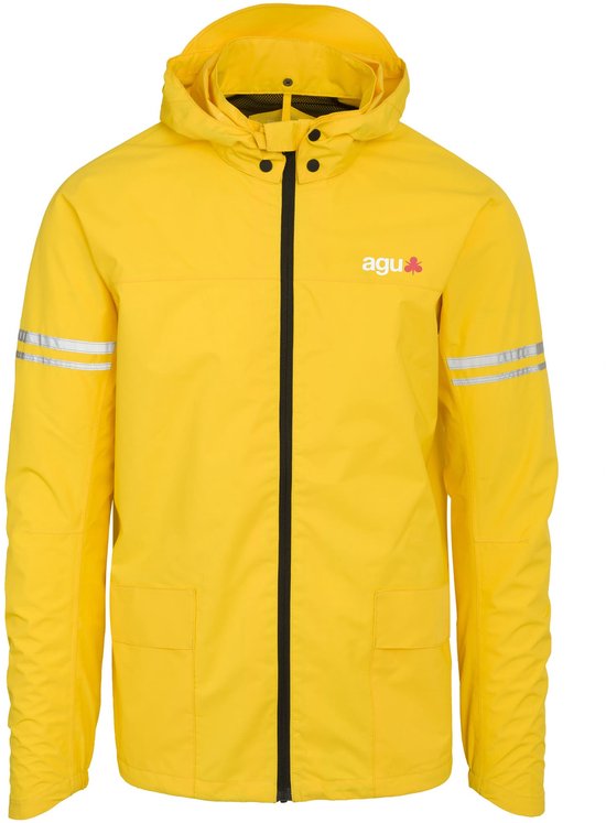 Gele unisex AGU regenjas met capuchon, zwarte rits en reflecterende strepen op de mouwen.
