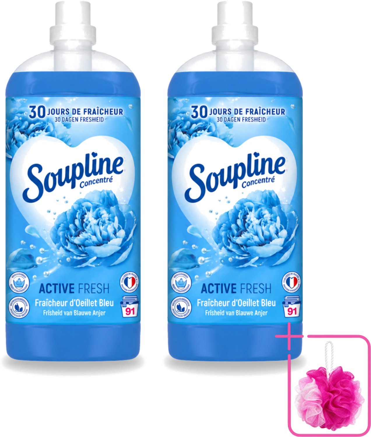 2 x Soupline – Wasverzachter – Active Fresh Frisheid van Blauwe Anjer – 2 L - Bulkverpakking - Wasverzachter - Douchemop - Frisheid
