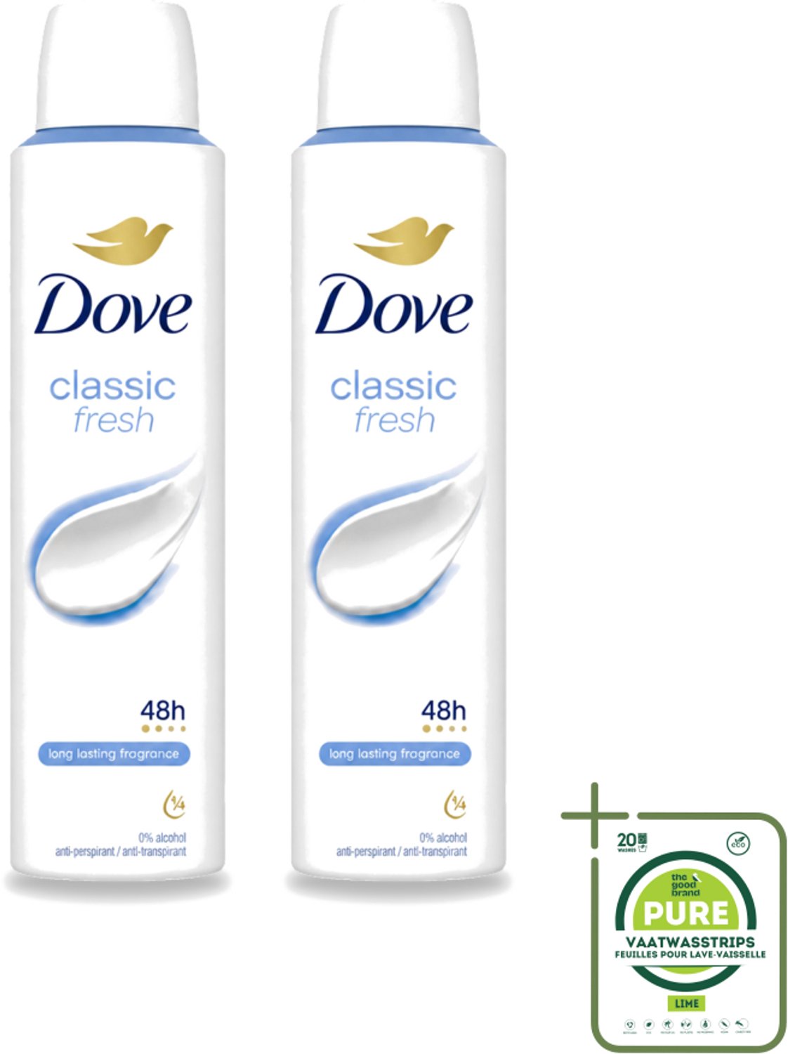 2 x Dove – Deodorant Spray – Classic Fresh – 200 ml - Grootverpakking - Vaatwasstrips - Anti-transpirant Spray - Okselgeur - Transpiratiegeur - Deodorant Spray - Klassiek Geur