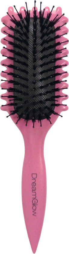 Roze DreamGlow krulborstel met zwarte haren en een puntig handvat.