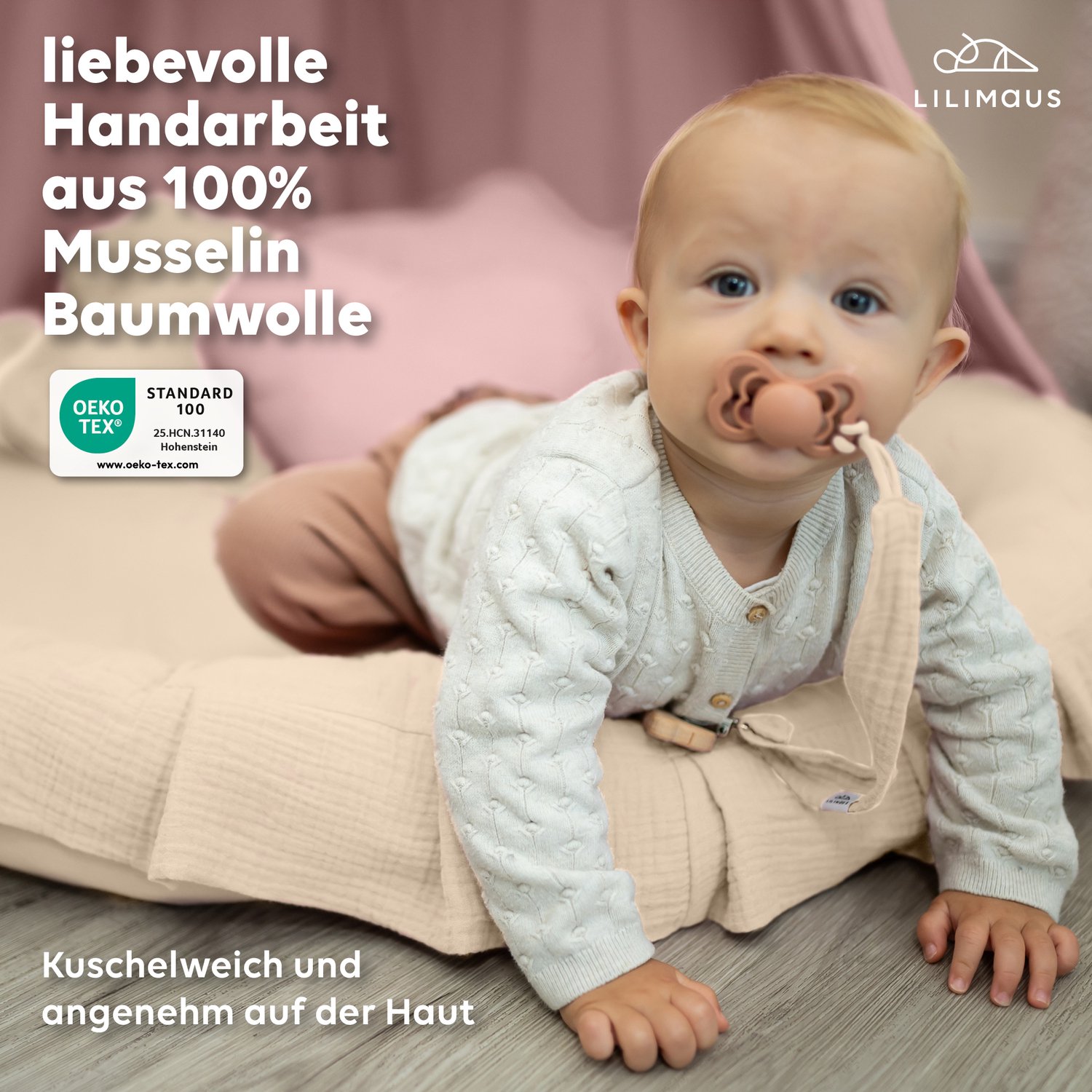 LILIMAUS Vloerkussen rond kinderkamer met ruche - ca. 90 cm - mousseline katoen - crème