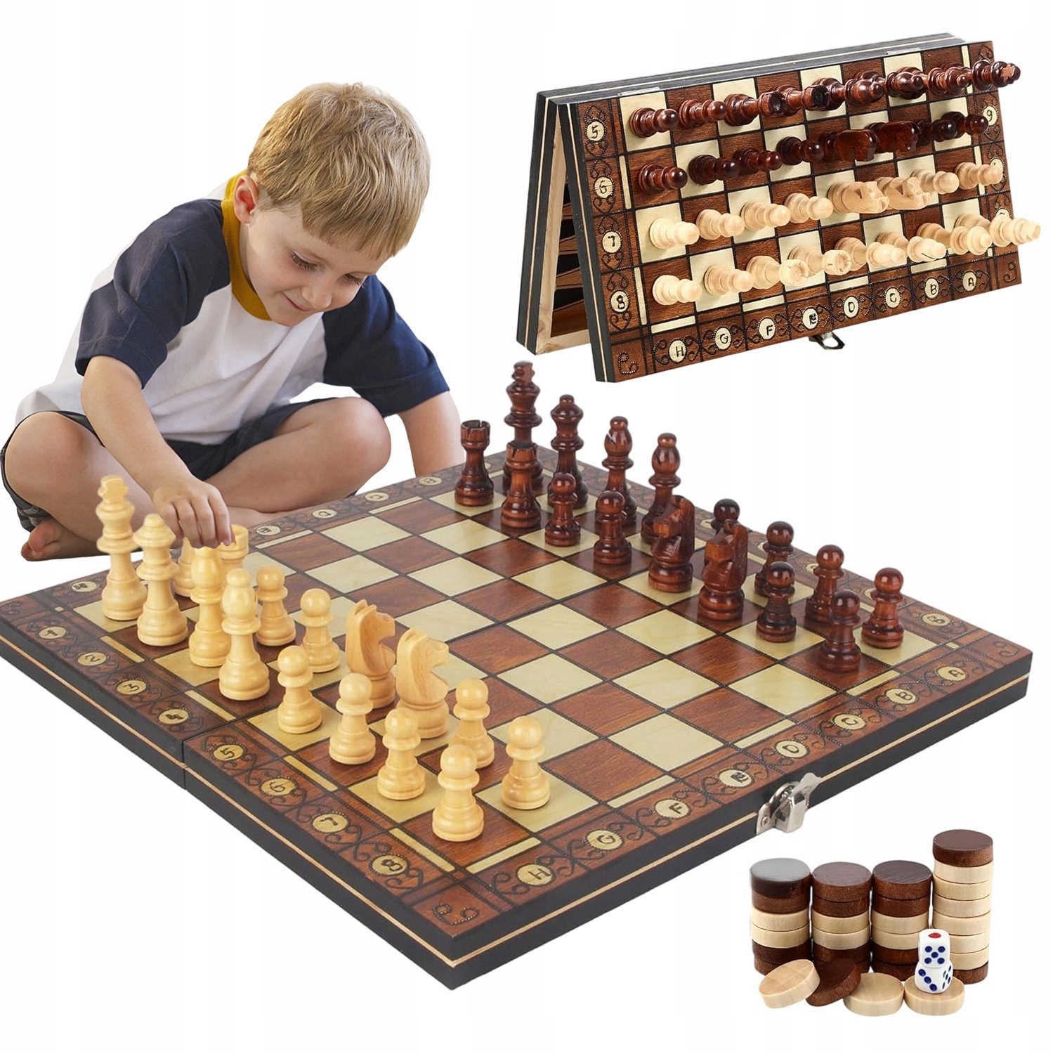 Magnetisch Schaakspel - Schaakbord Hout - Schaakspel met Schaakstukken - 3-in-1 Bordspellen - Opvouwbaar - 29x29 cm - Educatief Speelgoed - Reizen en Thuis - Voor Kinderen en Volwassenen