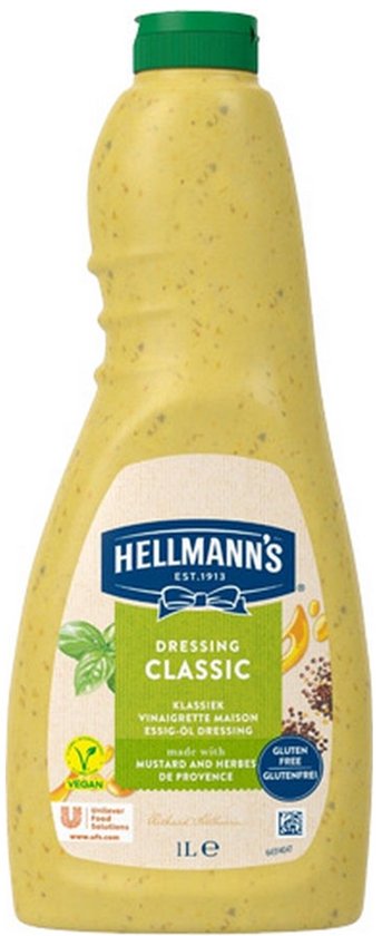 Hellmann's Classic dressing met mosterd en kruiden in een 1 liter fles, veganistisch en glutenvrij.