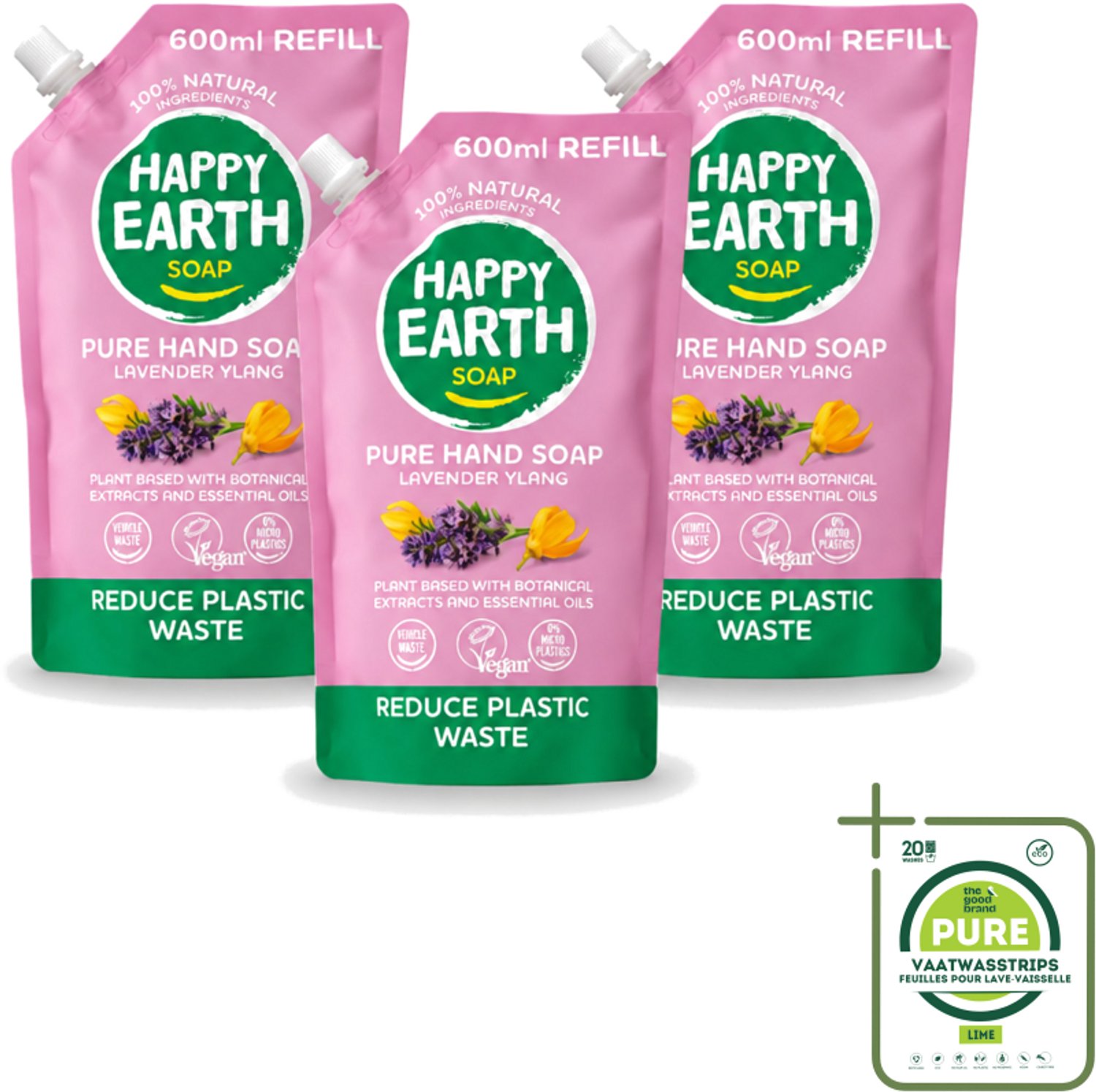 3 x Happy Earth – Handzeep Navulling – 100% Natuurlijk Lavender Ylang – 600 ml - Grootverpakking - Vaatwasstrips - Natuurlijke Handzeep - Navulverpakking - Lavendel - Ylang - Vegan Handzeep