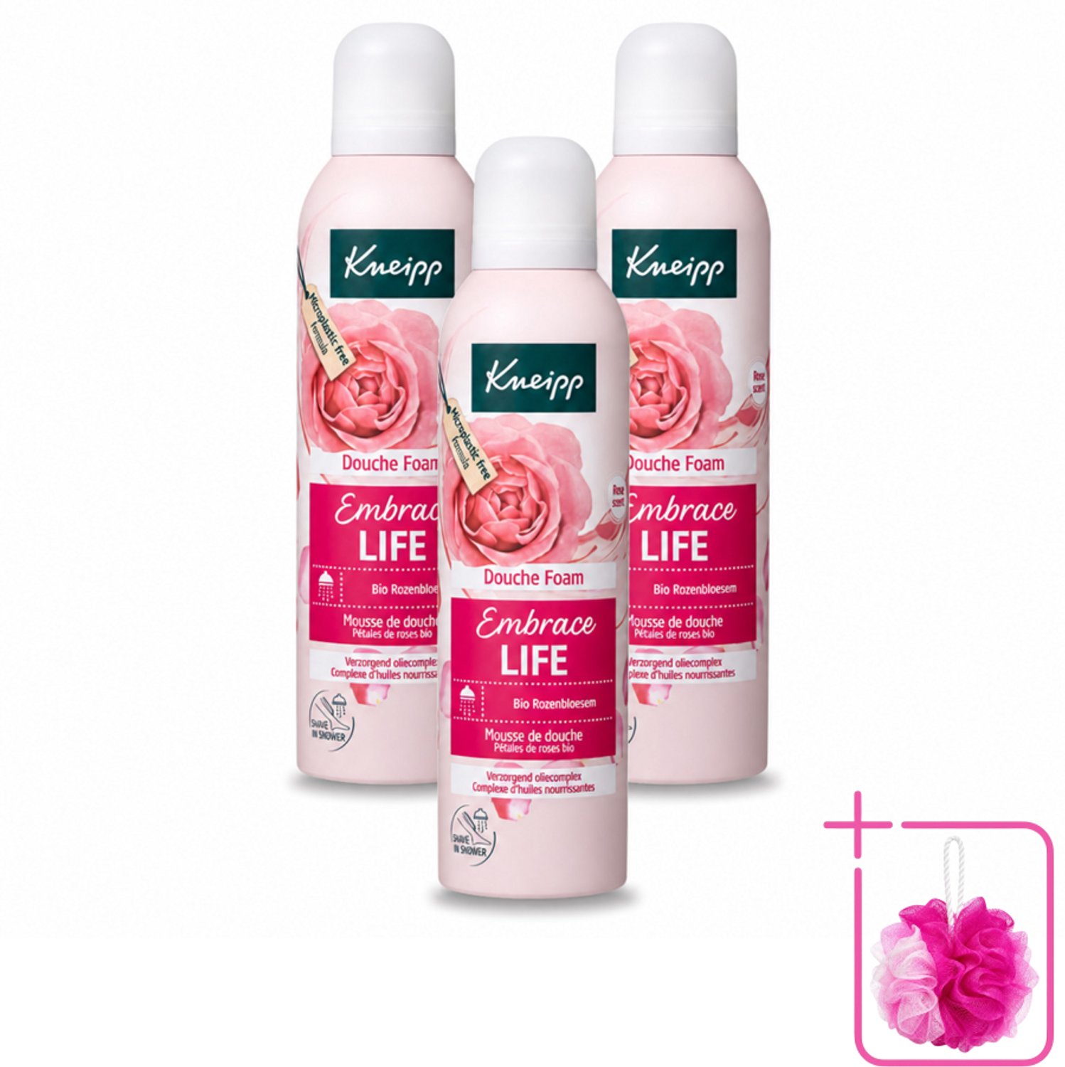 3 x Kneipp - Douche schuim - Embrace Life - Anti‑Aging verzorging - 200 ml - Bulkverpakking - Douche foam - Douchemop - Roze schuim