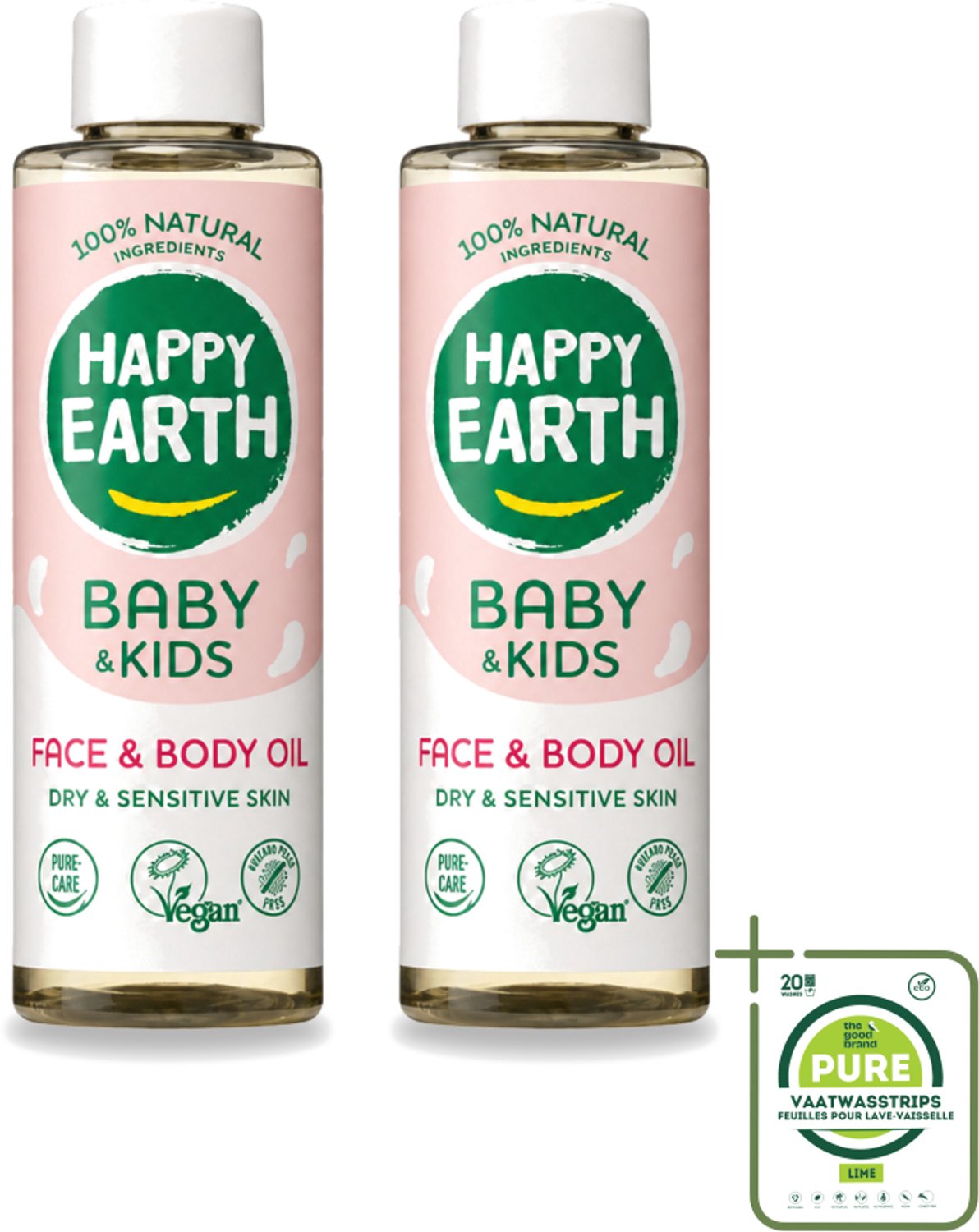 2 x Happy Earth – Face & Body Oil – 100% Natuurlijk Baby & Kids – 150 ml - Grootverpakking - Vaatwasstrips - Babyolie - Gezichtsolie - Lichaamsoil - Natuurlijke Huidverzorging - Babymassageolie