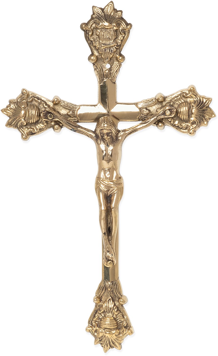 Moritz Wandkruis INRI met Jezus Christus - Metalen Kruisbeeld Messingkleurig - 20 x 32 x 2,5 cm - Religieuze Wanddecoratie