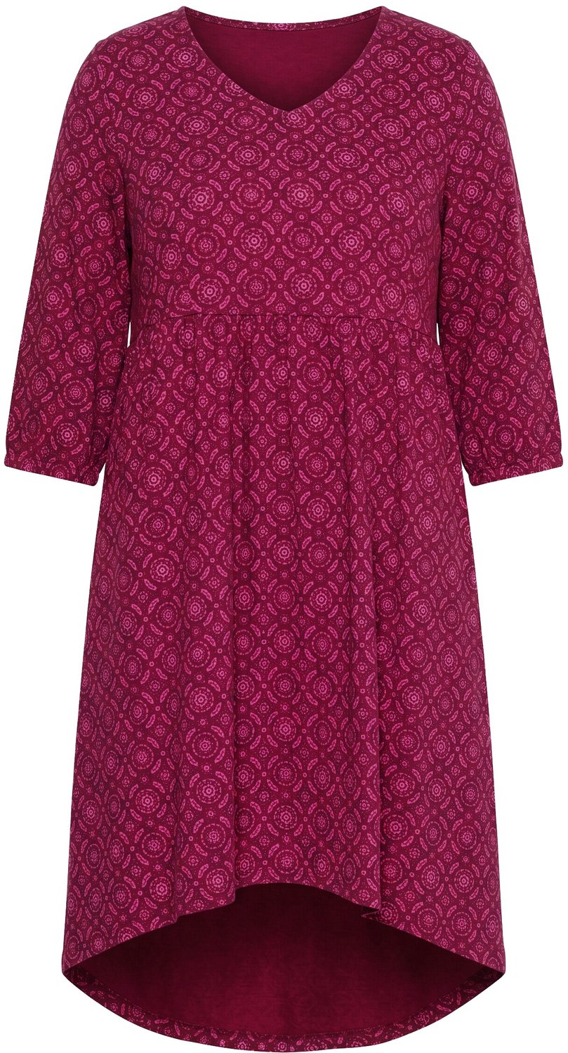 Ulla Popken - Dames - Jurk met print A-lijn V-hals 3/4-mouwen - Wijnrood - Maat 62+