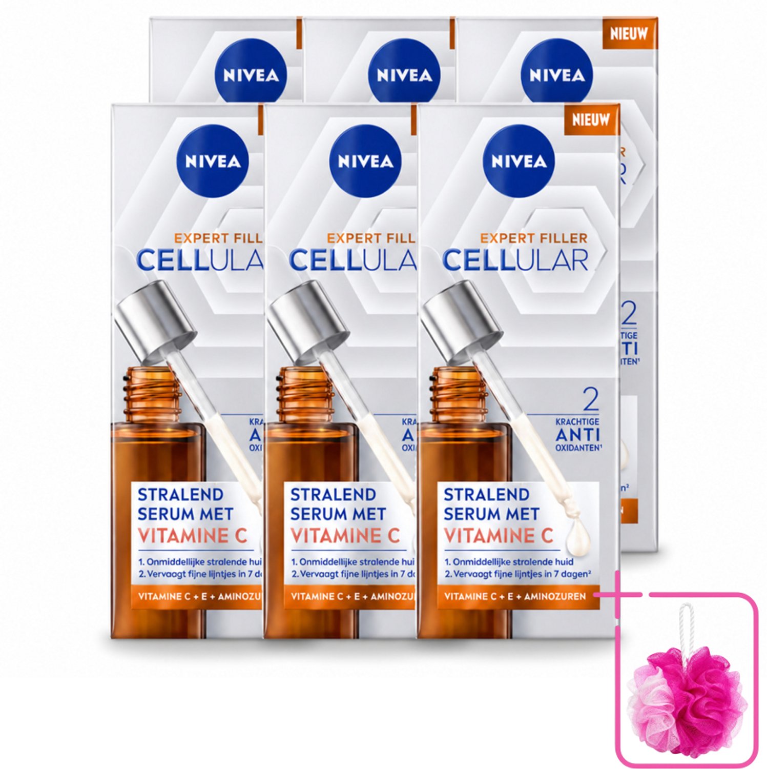 6 x Nivea - Cellular - Expert Filler Vitamine C Serum - Voor Stralende Huid - 30 ml - Bulkverpakking - Huidverzorging - Douchemop - Anti-aging serum