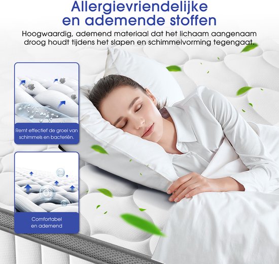 Vrouw slaapt op matras met inzetstukken over ademende stoffen die schimmels en bacteriën remmen.