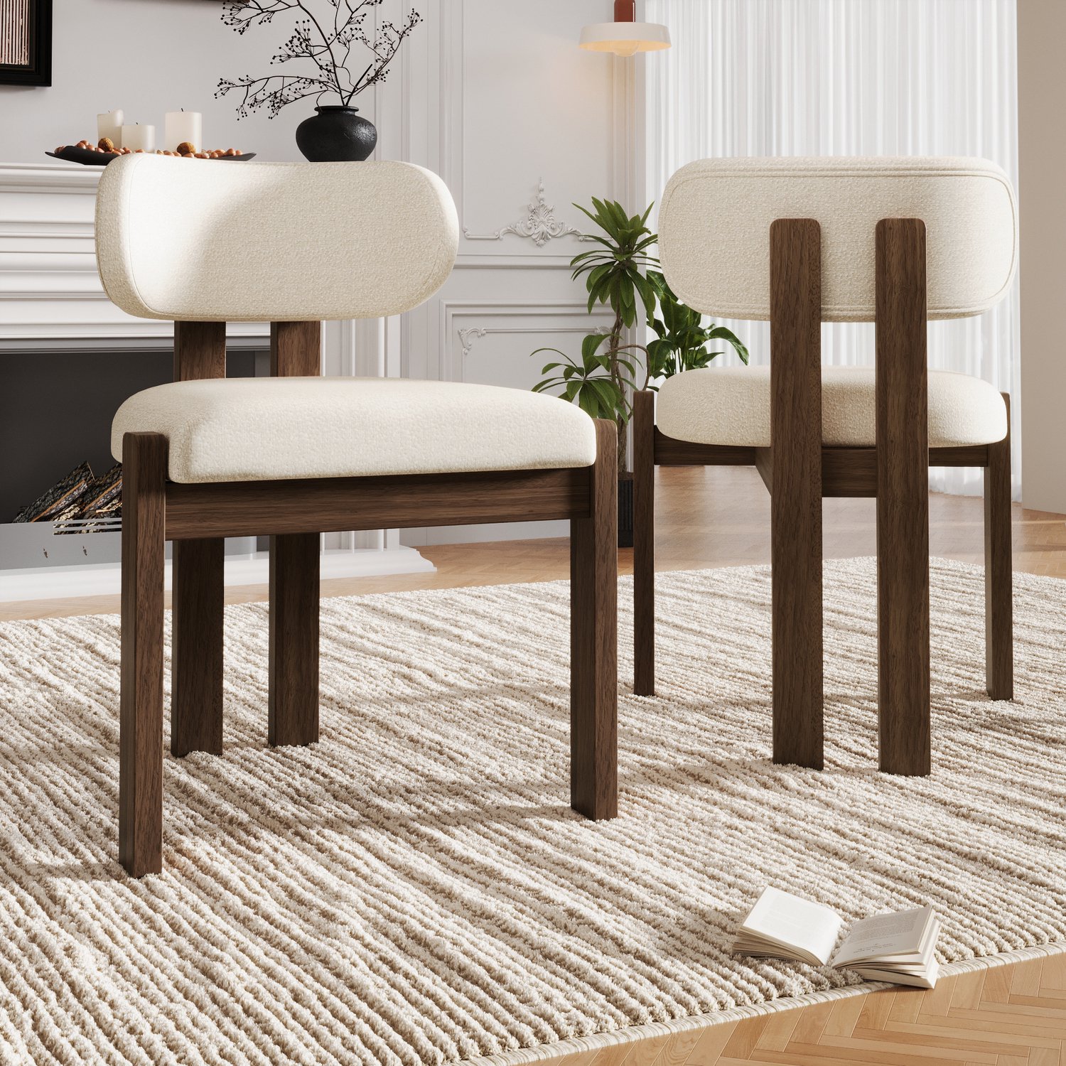 Clruro Eetkamerstoelen - Set van 2 - Ergonomisch - Gestoffeerd - Massief Hout/Bouclé - Walnootkleur