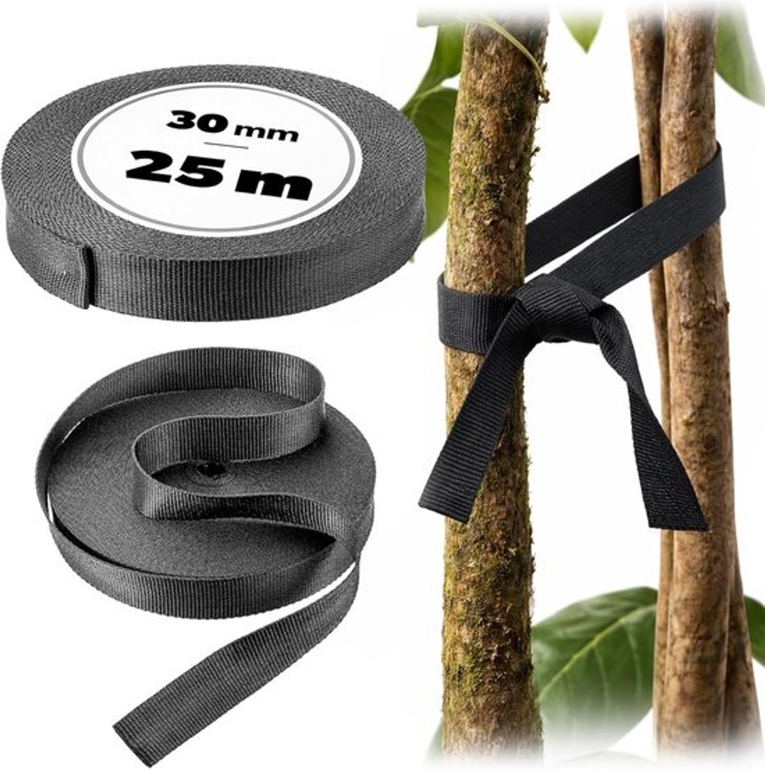 Boombindband - Plantenbinder - Stevige bevestiging - Zacht voor de bast - 30 mm x 25 m - Zwart