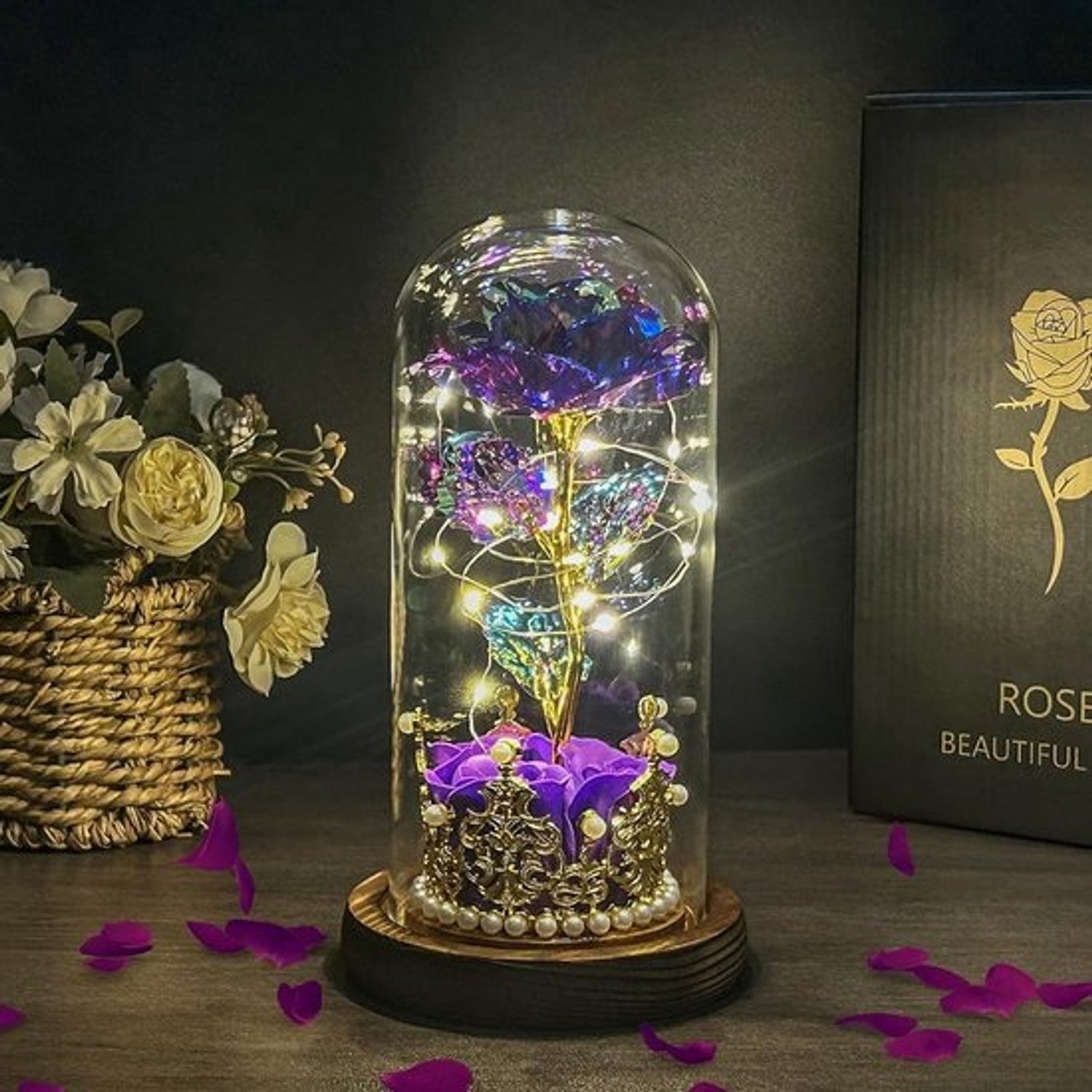 Eeuwige roos onder glazen stolp - met LED-verlichting, romantisch cadeau voor haar