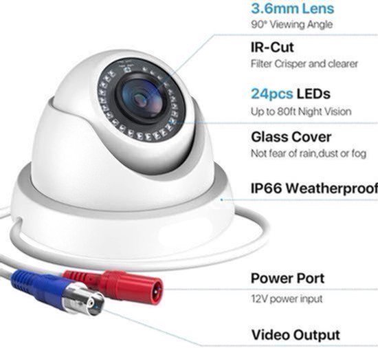 Beveiligingscamerasysteem - CCTV Camerasysteem - 2MP Dome Beveiligingscamera Set - 1080P Full HD - IP66 Waterdicht - Nachtzicht - 4 Stuks - Wit - Voor Binnen en Buiten - Compatibel met HD-TVI & DVR — afbeelding 3