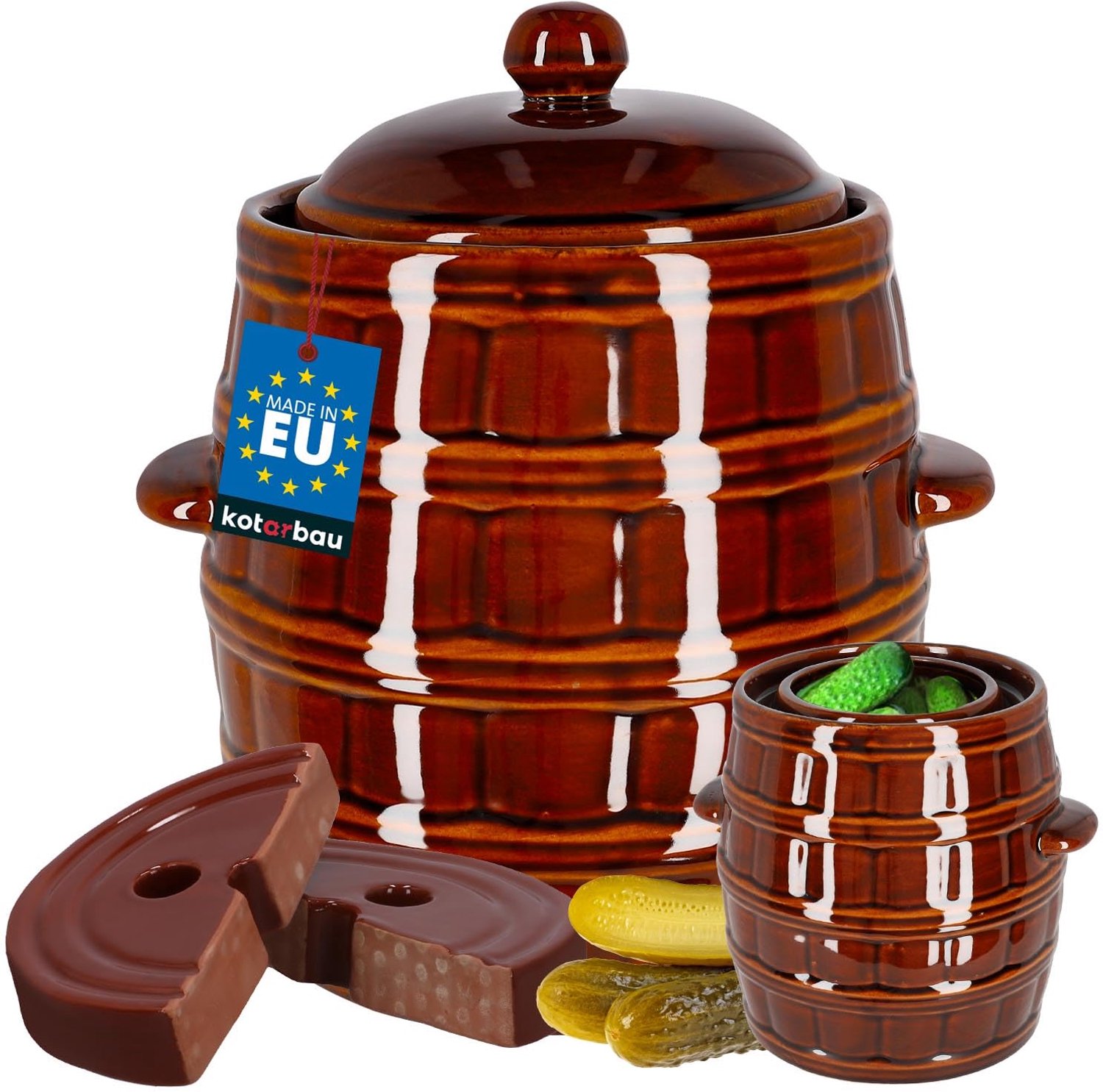 KOTARBAU® Fermentatiepot 8L - Zuurkoolpot - met Deksel & Fermentatiegewichten Keramische Fermentatiepot - Steengoed - Bruin