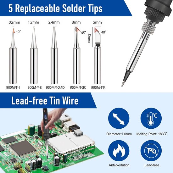 Professionele Loodgietijzer Set met 80W Vermogen, Instelbare Temperatuur 180℃-500℃, LCD Scherm en 5 Loodgietmonden voor Precisiewerk — afbeelding 5