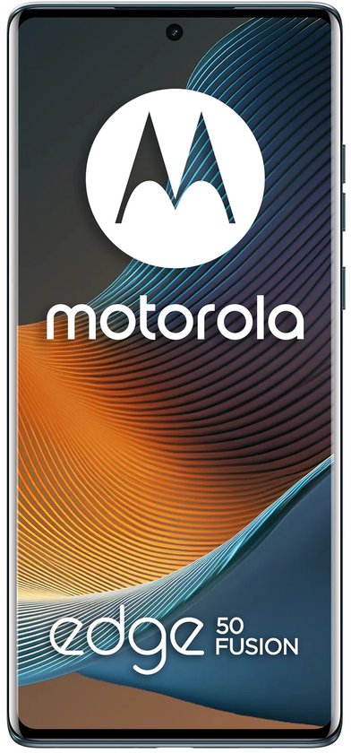 Vooraanzicht van de Motorola edge 50 fusion met merknamen op het display.