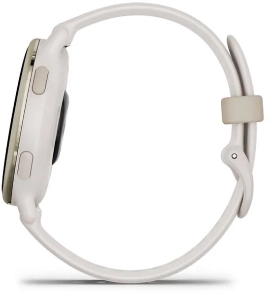 Zijaanzicht rechts van de ivoorkleurige Garmin Vivoactive 5 met twee fysieke knoppen.