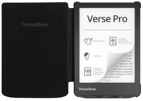 Zwarte PocketBook Verse Pro e-reader met opengeklapte hoes, toont een E-Ink scherm met specificaties.