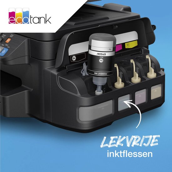 Zwarte Epson EcoTank printer met lekvrije inktflessen die in de vulopeningen worden geplaatst.