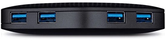 Vooraanzicht van een zwarte USB-hub met vier blauwe USB-poorten.