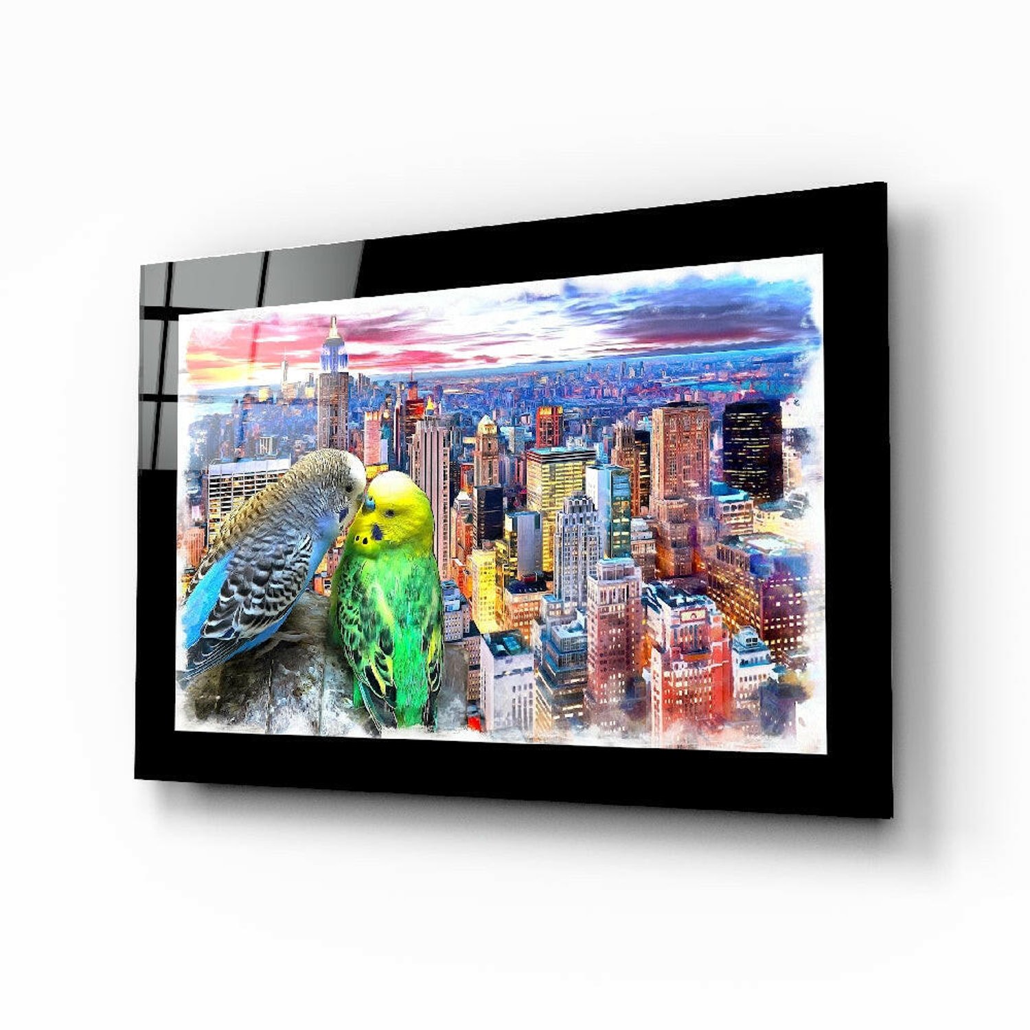 Insigne Art Glasschilderij – Parkietenduo boven een Skyline – Artistieke Wanddecoratie Meerkleurig