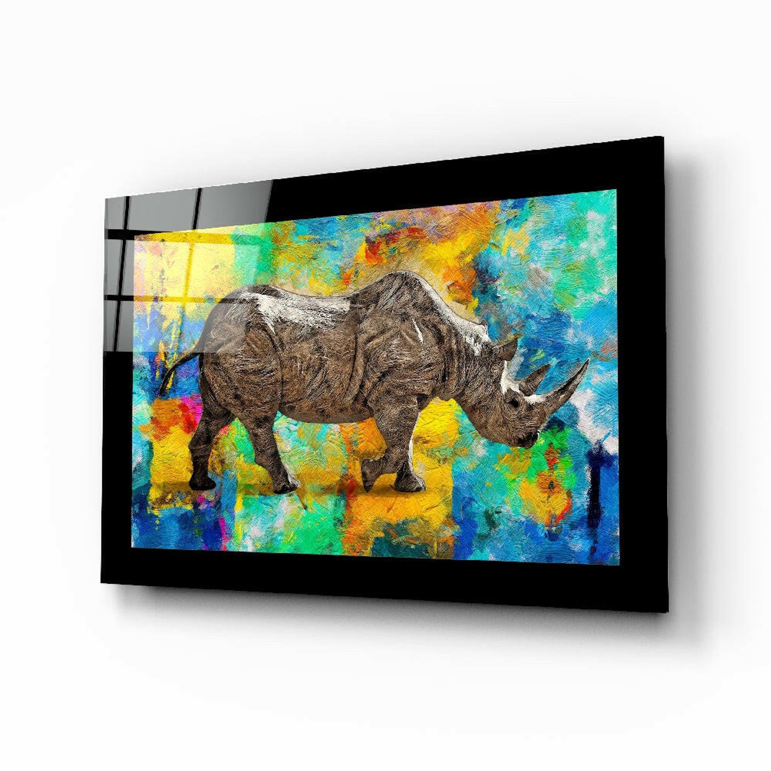 Glasschilderij – Gekleurde Neushoorn – Stijlvolle Wanddecoratie