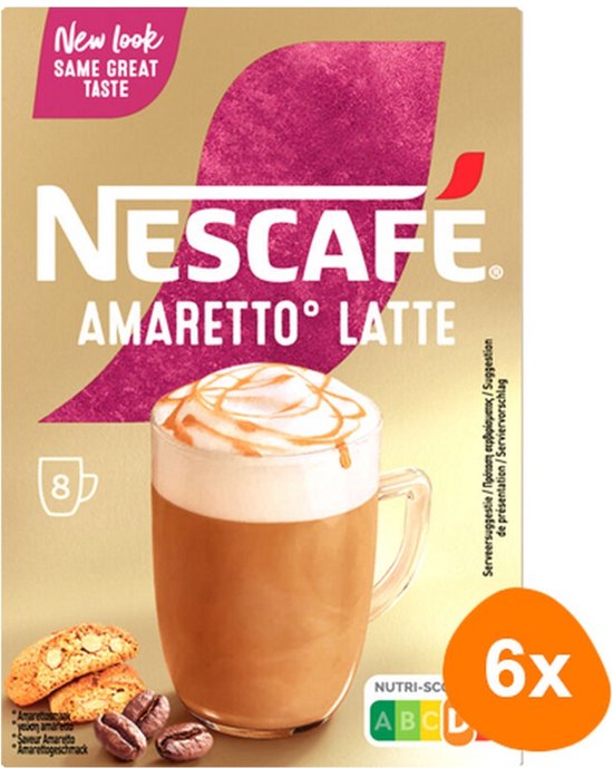 Nescafé Amaretto Latte doos met glas romige koffie met schuimlaag, amandelkoekjes en koffiebonen, 6 stuks.