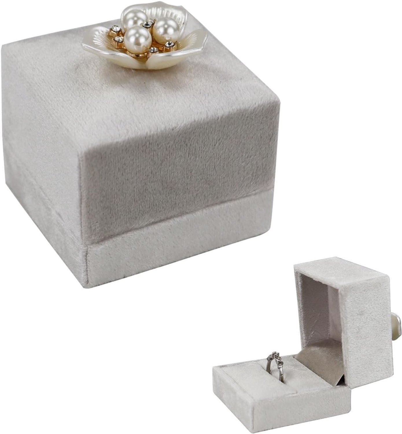 Vintage Ringdoos van Flanel voor Trouwen en Verloving - 6 x 6 x 5 cm - Luxe Grijze Ringbox voor Dagelijks Gebruik
