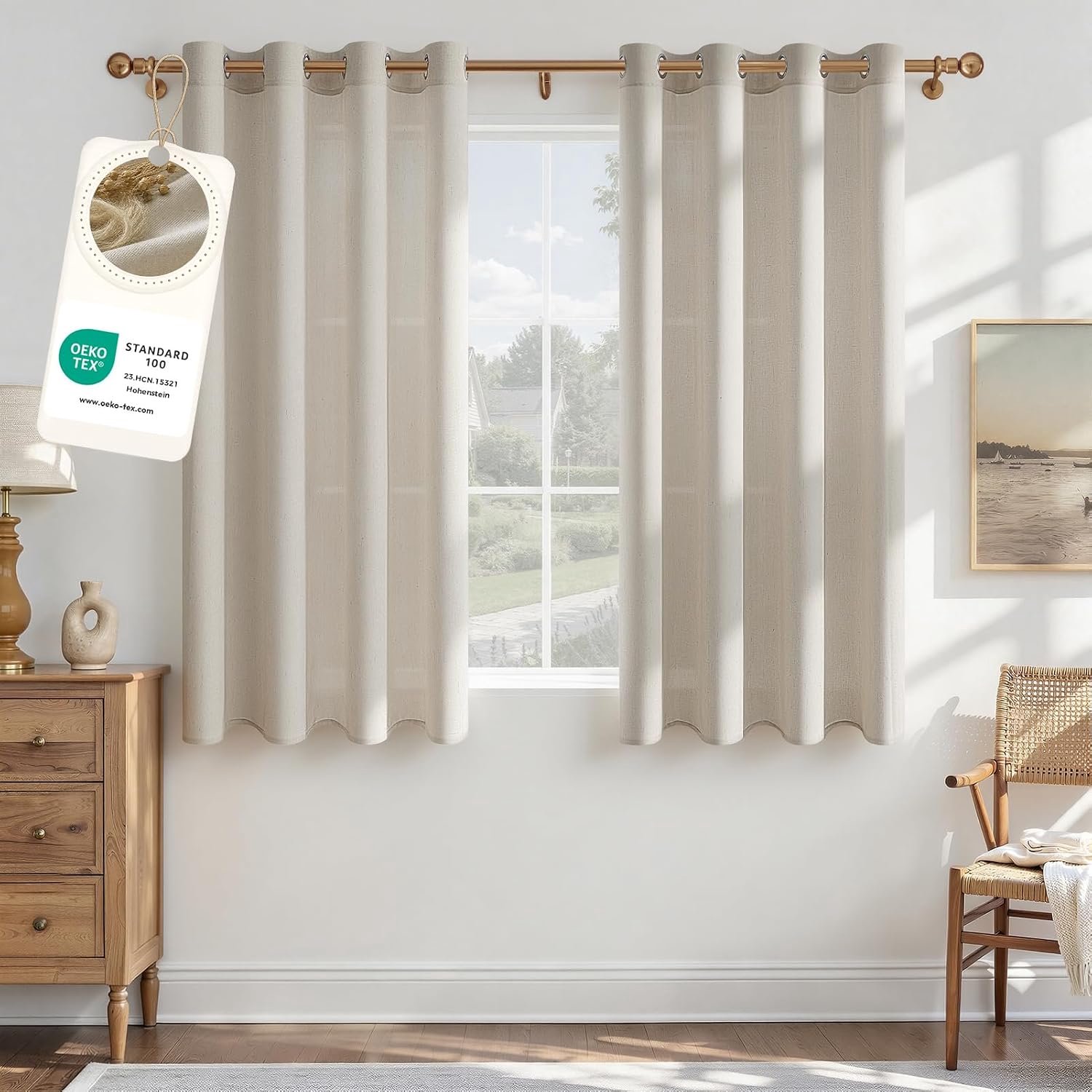 Gordijnen zandbeige linnenlook H 160 x B 140 cm - set van 2 - halftransparant - ademend - ShopVlot