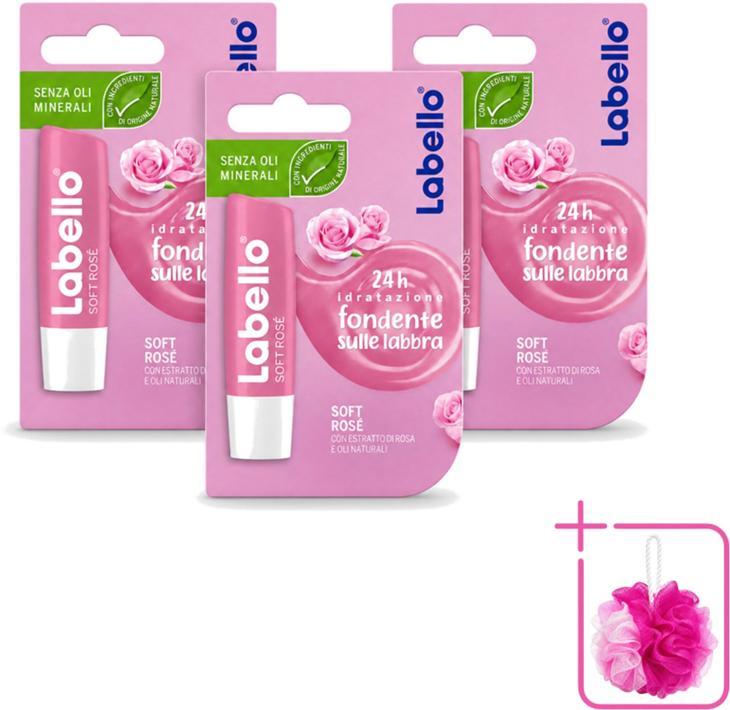 3 x Labello – Lippenbalsem – Soft Rosé - Bulkverpakking - Lippenbalsem - Douchemop - Hydratatie