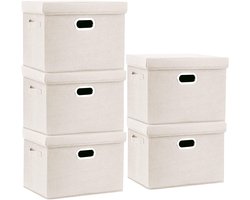 TYEERS Grote Opbergdoos met Deksel, Opvouwbaar, Afwasbaar, Opbergbak met Deksel, 44x30x29 cm, Set van 5, Beige - ShopVlot