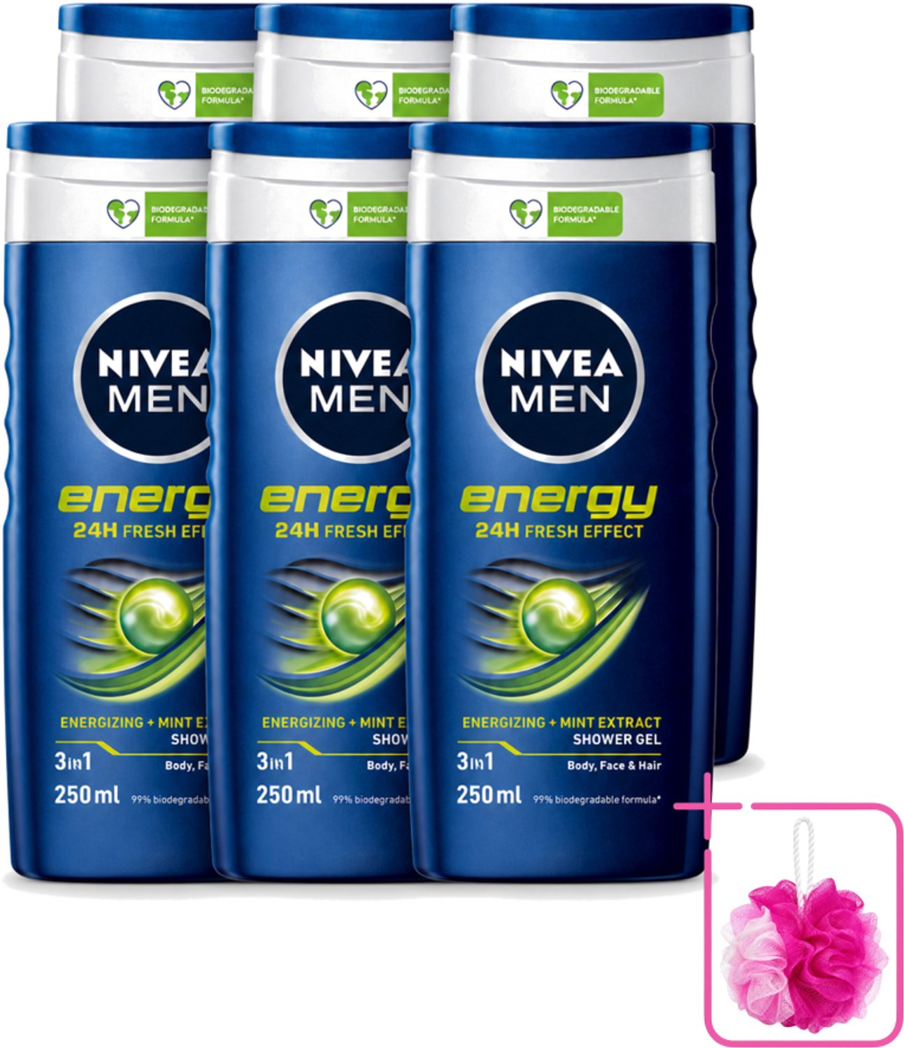 6 x Nivea - Men - Energy Douchegel - Langdurig Fris Gevoel - 250 ml - Bulkverpakking - Douchegel voor mannen - Douchemop - Energieboost