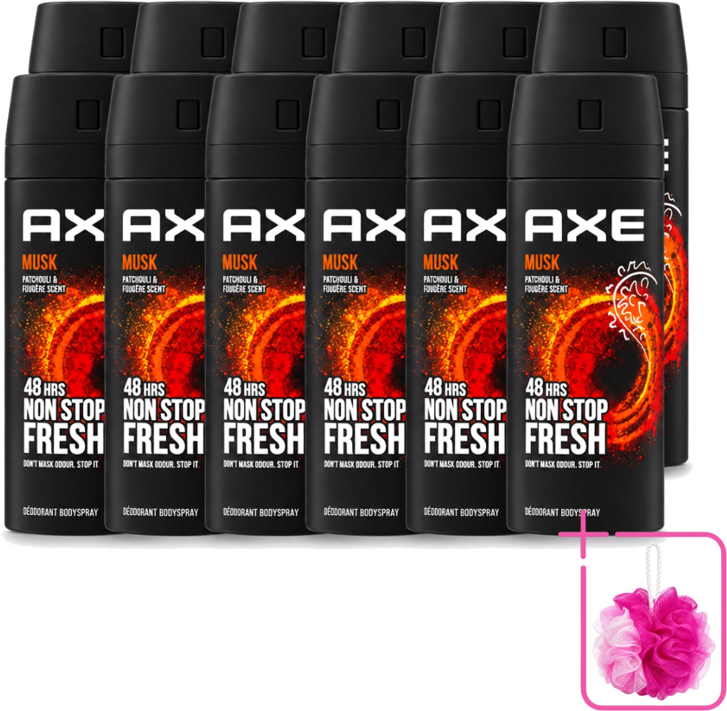 12 x Axe - Deodorant Bodyspray - 48hrs Non Stop Fresh - Musk - Patchouli & Fougere - 150 ml - Bulkverpakking - Axe Musk Deodorant - Douchemop - Deospray Musk