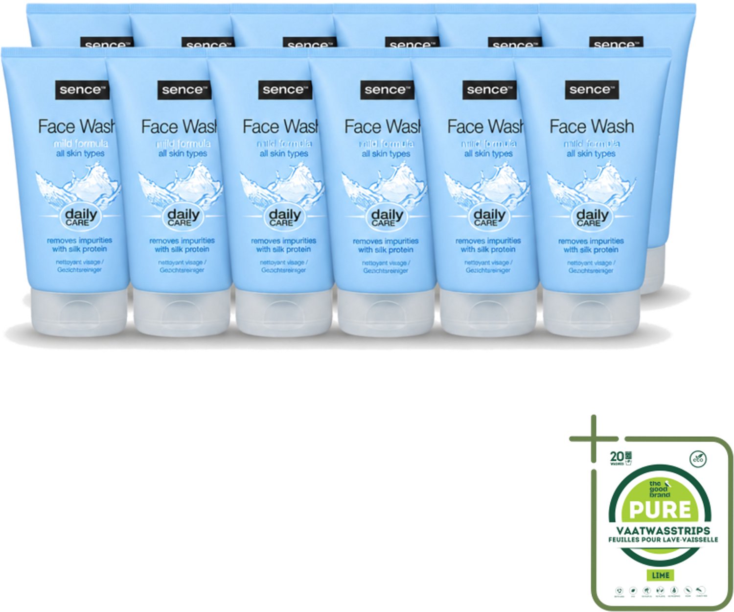 12 x Sence - Alle Huidtypes - Face Wash - Verfrissend - 150 ml - Grootverpakking - Vaatwasstrips - Face Wash - Huid Reinigen - Huid Verzorgen - Huid Verfrissen - Zijdeproteïne