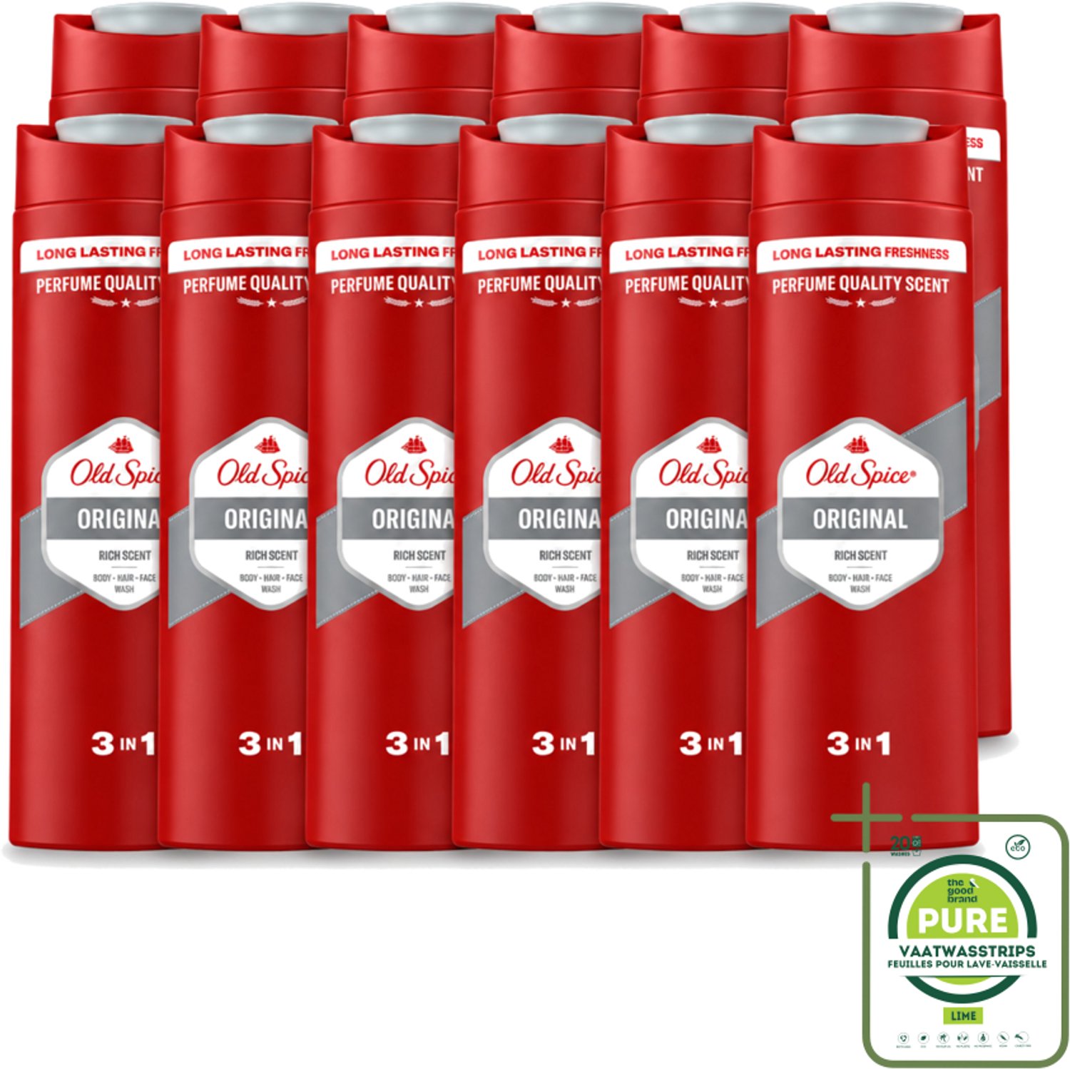 12 x Old Spice - Original - Douchegel 3-in-1 - Reinigt, Verfrist & Verzorgt - 400 ml - Grootverpakking - Vaatwasstrips - Douchegel - Reinigen - Verfrissen - Verzorgen - Lichaam