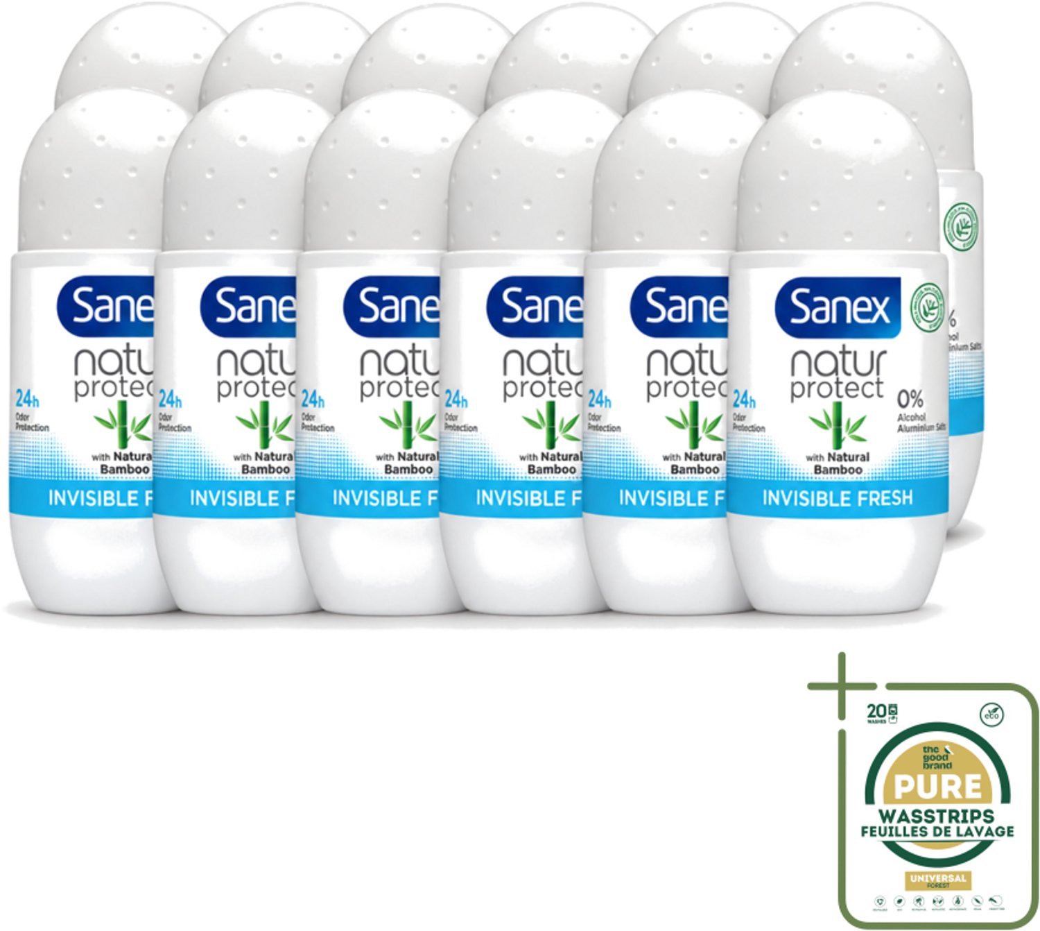 12 x Sanex – Deo Roll-on – Bamboo Invisible Fresh – 50 ml - Wasstrips - Bamboo Deodorant - Onzichtbare Deodorant - Deodorant Roll-on - Frisheid - Kledingbescherming