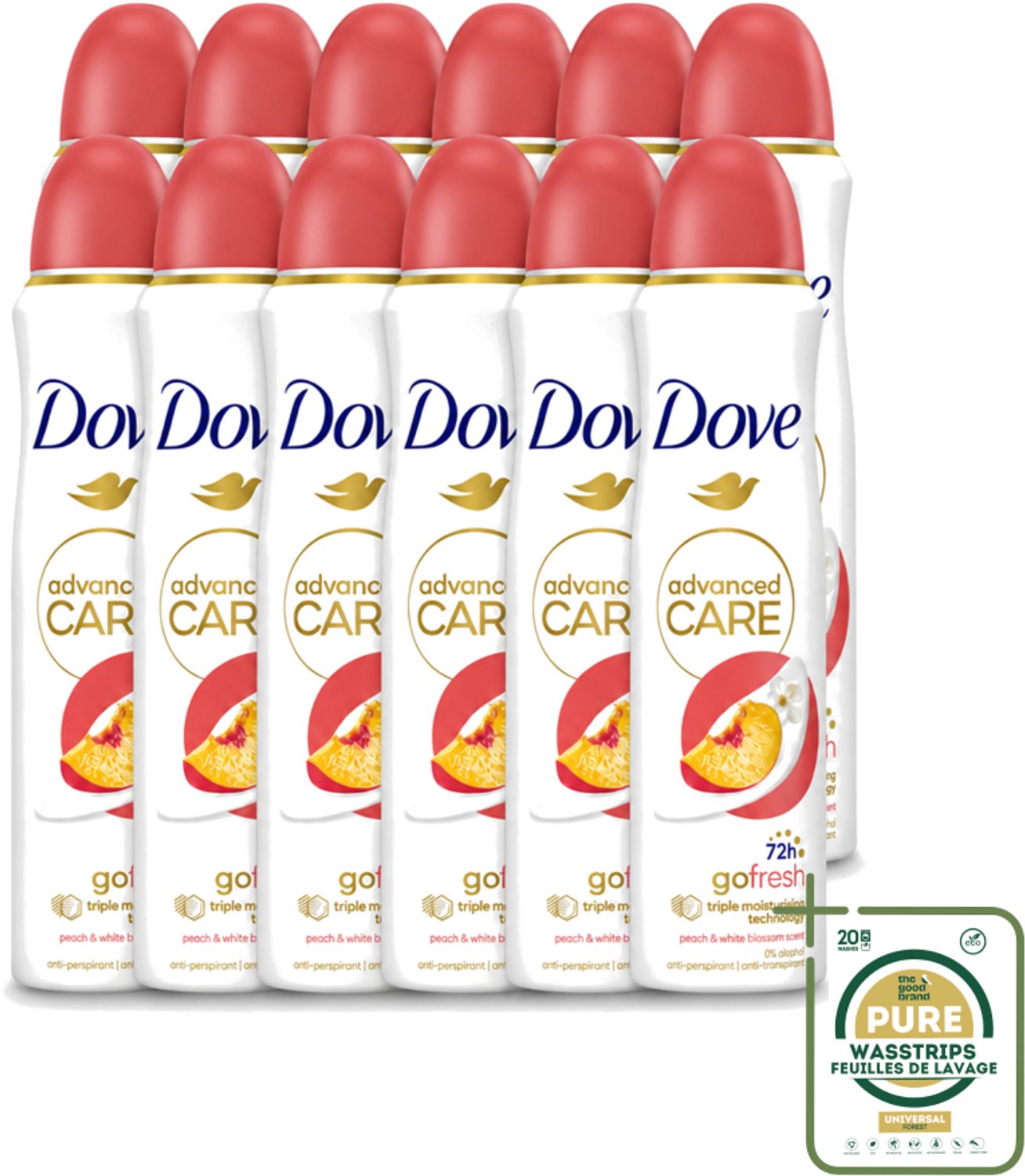 12 x Dove – Deodorant Spray – Peach & White Blossom – 150 ml - Wasstrips - Deodorant Spray - Fris - Okselhuid Verzorging - Alcoholvrije Deodorant - Perzik En Witte Bloesem
