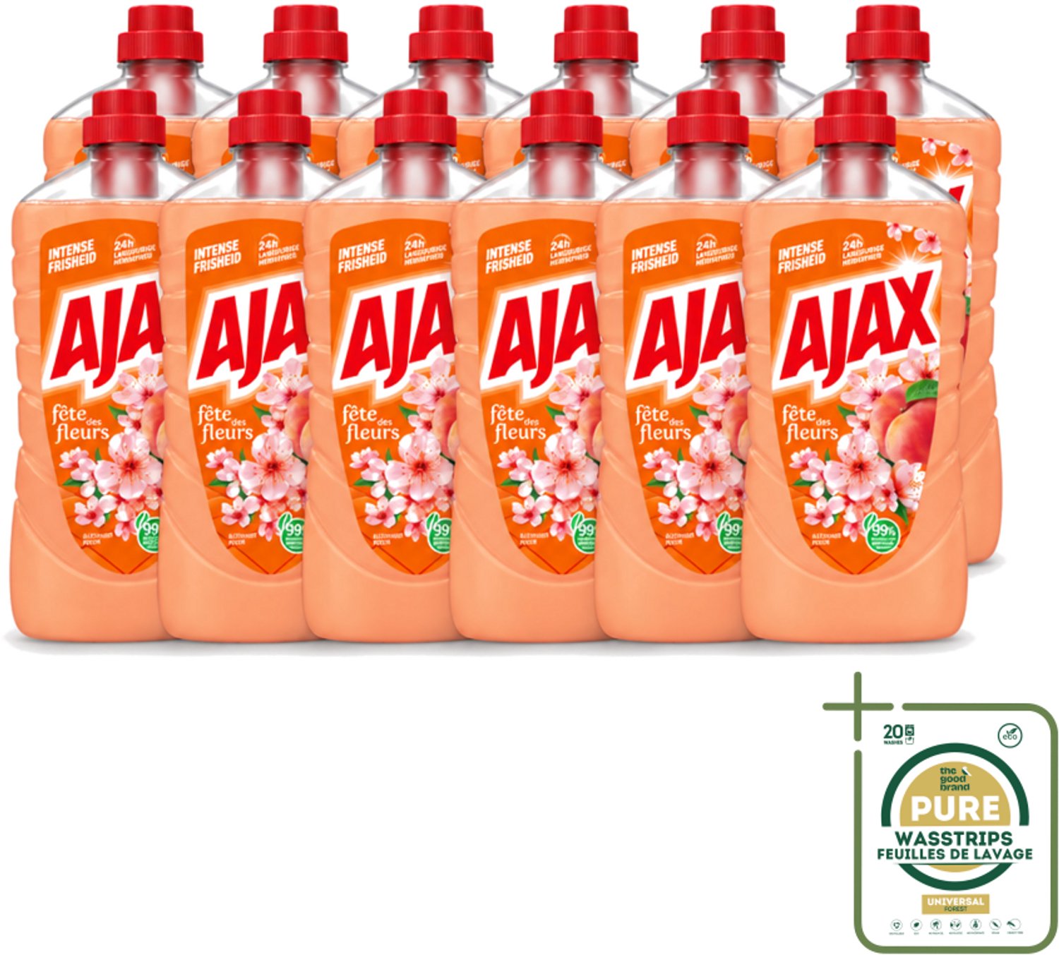 12 x Ajax – Allesreiniger – Perzik – 1000 ml - Wasstrips - Allesreiniger Perzik - Reiniging - Frisheid - Perzikgeur - Huishoudelijke Reiniging
