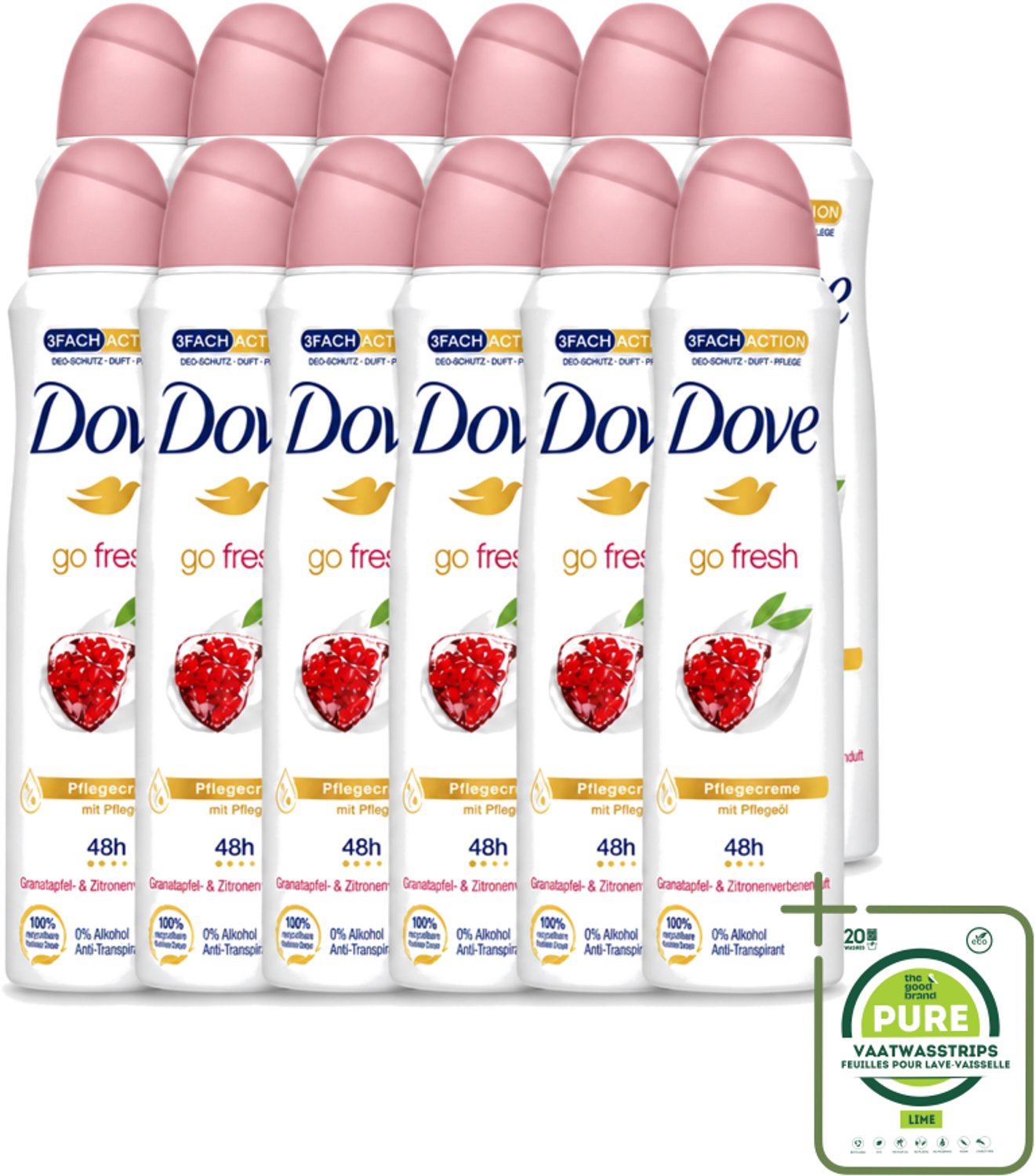 12 x Dove - Deodorant - Go Fresh Granaatappel - Frisse en fruitige geur - 150 ml - Grootverpakking - Vaatwasstrips - Dove Go Fresh - Granaatappel - Anti-transpirant Spray - Geur - Huidverzorging