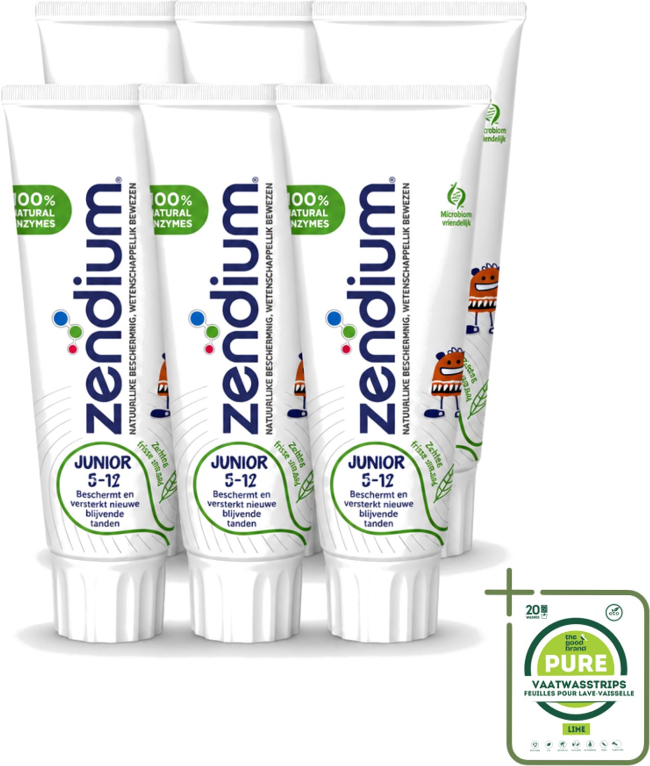6 x Zendium - Junior 5-12 Jaar - Tandpasta - Natuurlijke Enzymen - 75 ml - Grootverpakking - Vaatwasstrips - Tandpasta Voor Kinderen - Melktanden Beschermen - Natuurlijke Enzymen - Gezonde Mondflora - SLS-vrije Tandpasta