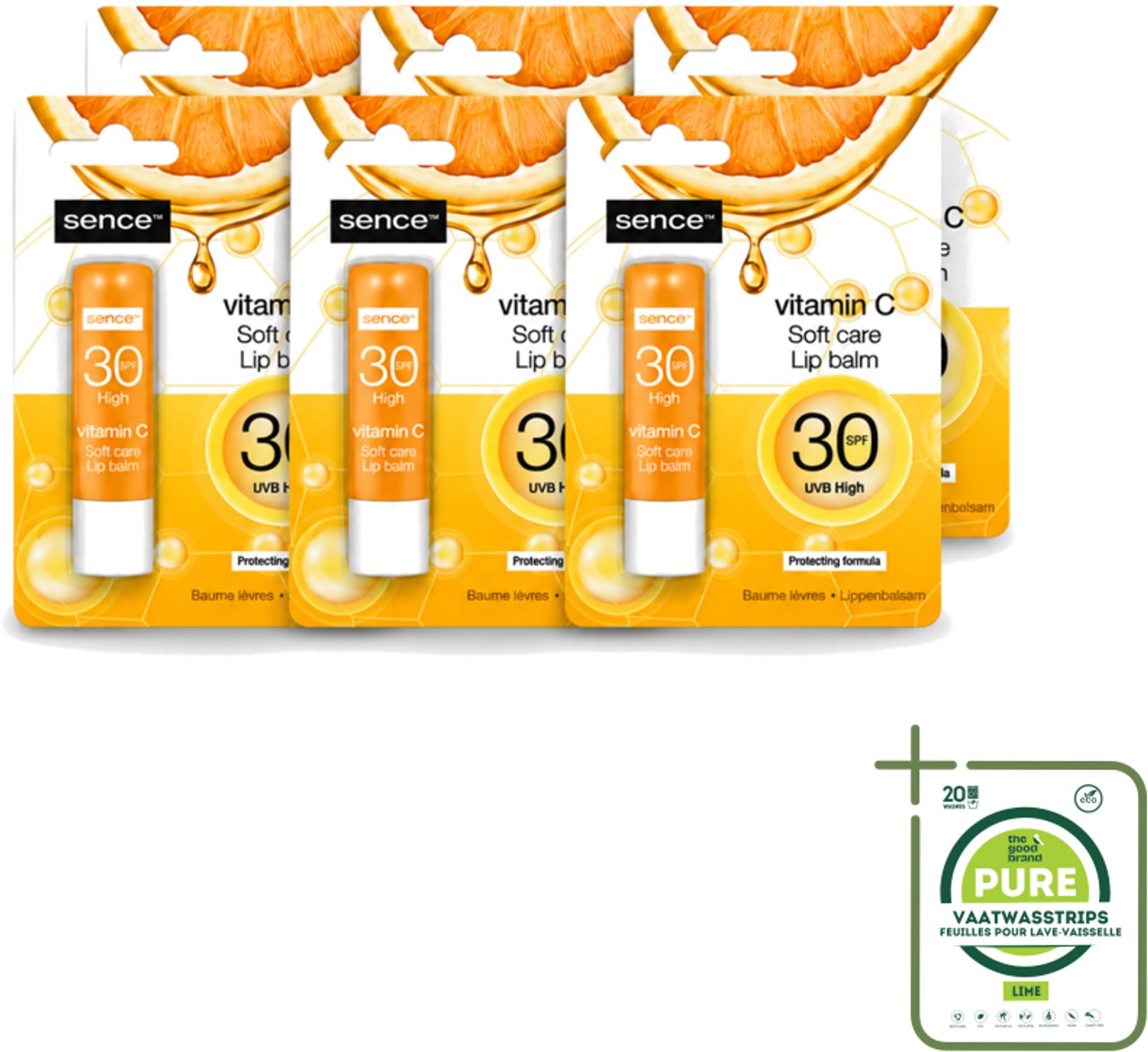 6 x Sence - Soft Care Vitamin C - Lippenbalsem - Hydraterend - 4,3 g - Grootverpakking - Vaatwasstrips - Lippenbalsem - Vitamine C - Hydratatie - Verzorging - Droge Lippen
